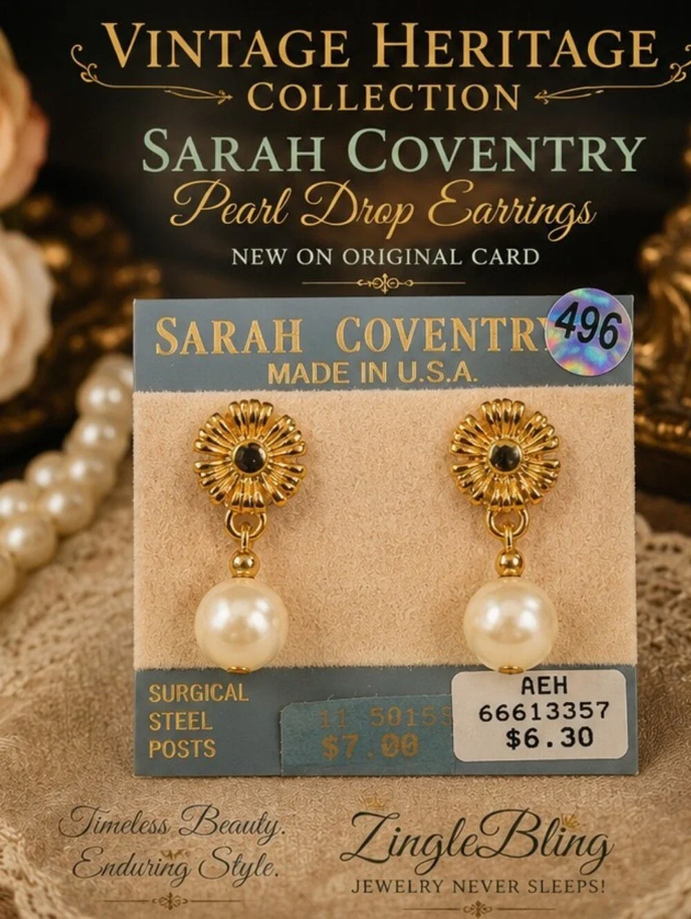 Vintage Sarah Coventry Gold Floral Faux Pearl Drop Earrings NOS USA